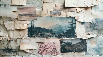 Old photos harmonize among many pieces of vintage papers, nostalgic wallpaper