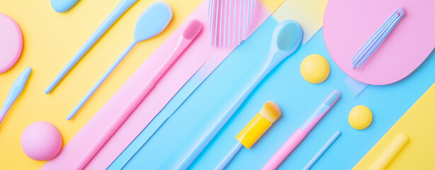 Colorful pastel background with makeup products and brushes on a yellow, pink, and blue color background