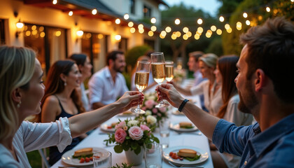 Celebrating group toasting with champagne at festive outdoor dinner
