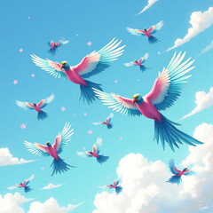 Several brightly colored birds flew overhead, with an energetic appearance, the symmetrical shape of their wings and the bright colors of their feathers giving a dynamic impression