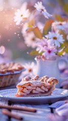 A warm slice of homemade apple pie on a white plate, topped with powdered sugar, soft pastel tones, an out-of-focus lattice pie in the background, and hints of spring blossoms