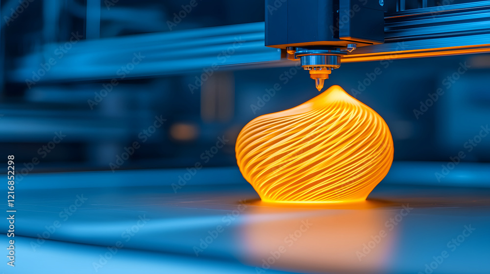Poster A vibrant orange 3D-printed object is being created, showcasing intricate designs under a modern printing machine with a blue-lit background