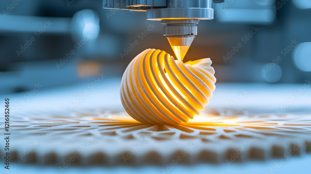 Poster A close-up of a 3D printer creating a spiral object, highlighting intricate design and warm illumination on a patterned surface
