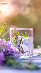 A glass of clear herbal mocktail garnished with a fresh rosemary sprig. Blurred background, delicate lavender blooms and lush green foliage, dreamy spring vibe