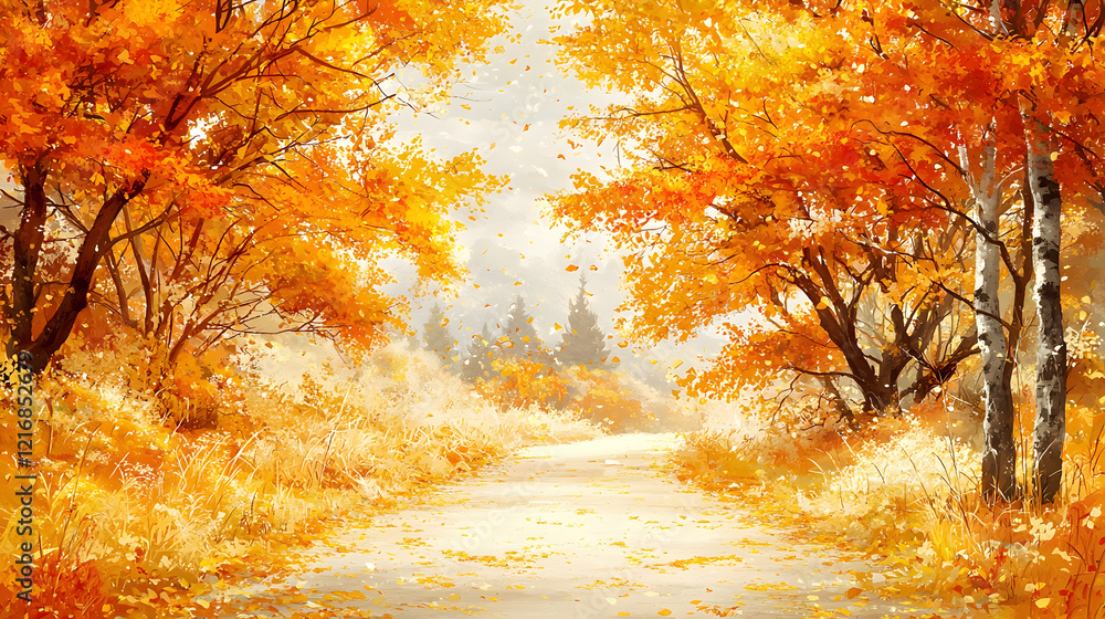 Poster a serene autumn landscape with vibrant orange trees lining a winding path, creating a warm and invit