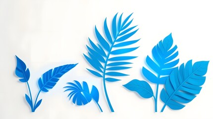Blue Paper Cut Leaves on White: Tropical Leaf Collection for Craft and Design