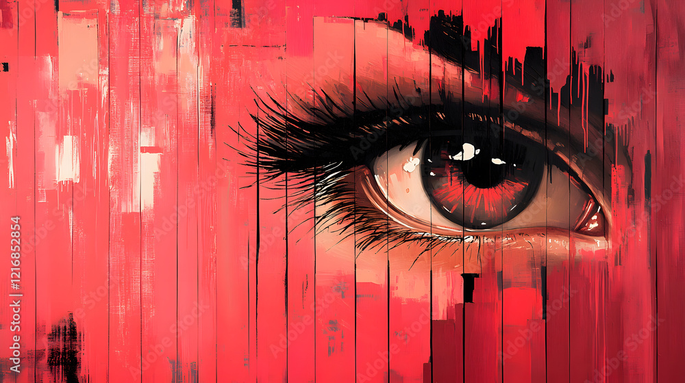 Poster a striking close-up of an eye, highlighted against a vibrant red abstract background, showcasing int