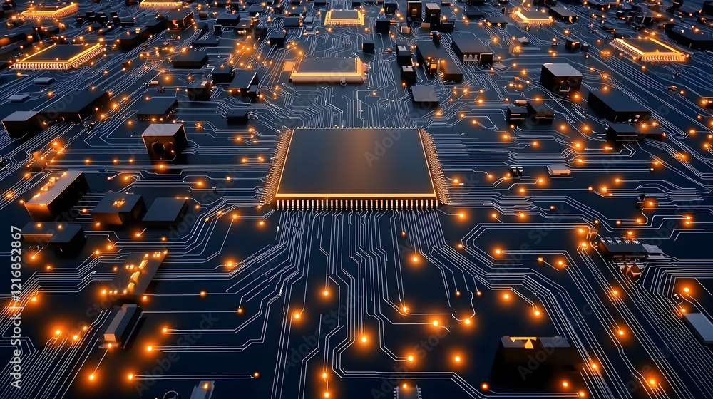 Poster A detailed view of a circuit board featuring multiple chips and glowing connections, showcasing advanced technology and electronic components