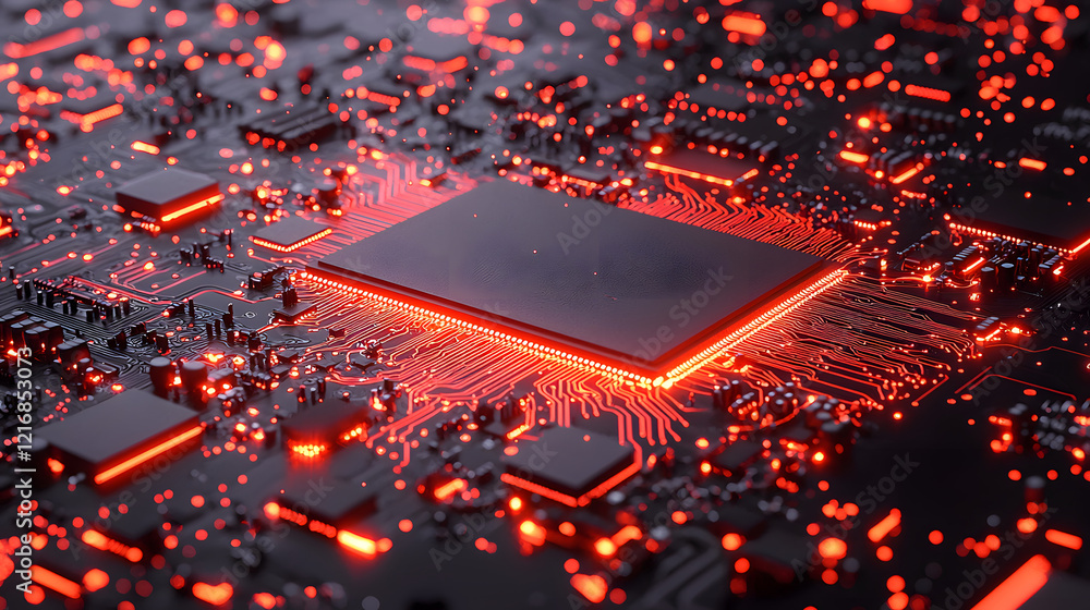 Poster A close-up of a circuit board with glowing red elements, featuring a prominent central microchip surrounded by intricate circuitry