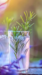 A glass of clear herbal mocktail garnished with a fresh rosemary sprig. Blurred background, delicate lavender blooms and lush green foliage, dreamy spring vibe