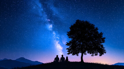 A serene night scene featuring two people sitting under a tree, gazing at a starry sky with the Milky Way illuminated above