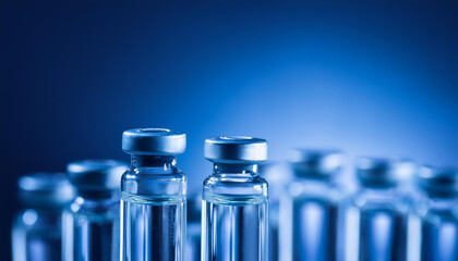 Medical glass vial with liquid. Health and medicine treatment. Drug, vaccine for injection.