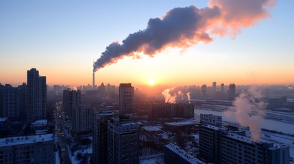 Urban Winter Sunrise With Industrial Pollution