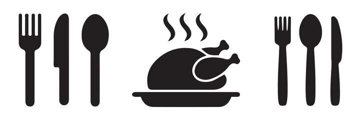 Spoon, fork, and knife icon. Black simple illustration for dinner, eating food, cafe, restaurant. Illustration EPS 10 