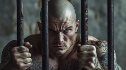 Bald, tattooed man stares intensely through jail bars, gripping them with a look of determination and aggression. Prisoner behind bars. Man who has committed a crime.