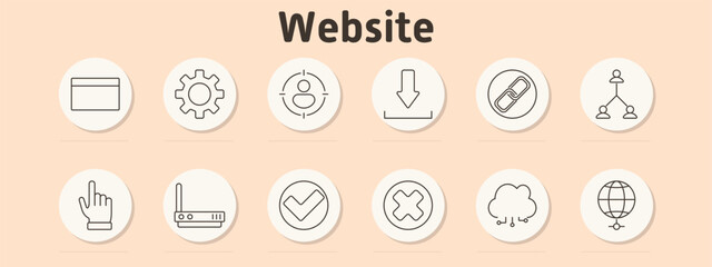 Website set icon. Browser window, settings gear, user targeting, download, link, hierarchy chart, hand pointer, router, approval checkmark, cancel cross, cloud, global