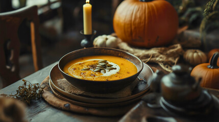 Creamy Pumpkin Soup in a Cozy Autumn Table Setting with Candles and Rustic Decor