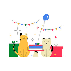 Cats With Birthday Cake And Gift Boxes In Flat Vector Illustration Symbolizing Celebration, Friendship, And Party Fun, Isolated On White Background