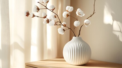 Cotton flowers stand elegantly in white ceramic ribbed vase against wooden cabinet, creating serene Scandinavian aesthetic with beige tones and soft morning sunlight filtering through curtains.