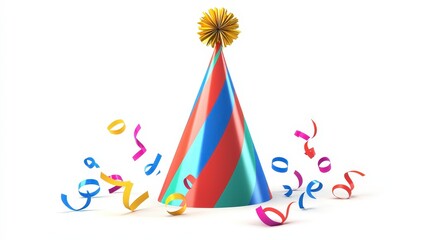 Obraz premium Colorful Party Hat with Streamers on White Background