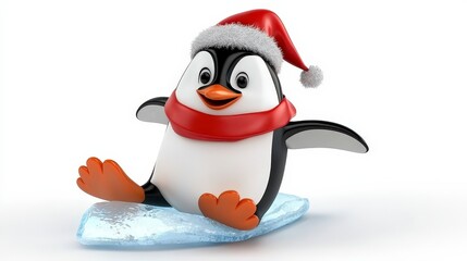 Fototapeta premium Cheerful Penguin Wearing Santa Hat on Ice with Christmas Spirit