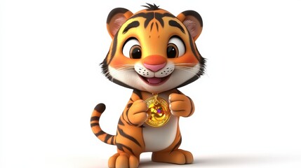 Cute Cartoon Tiger Character with a Golden Medal in Vivid Colors