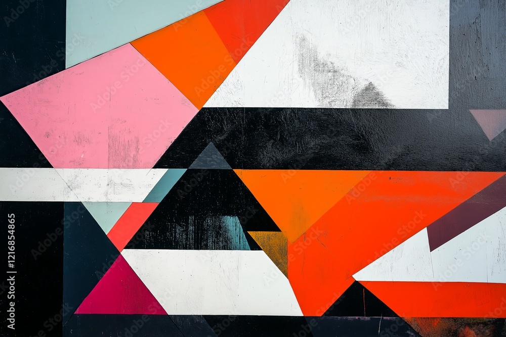 Poster A composition featuring sharp angles, overlapping shapes, and contrasting colors.