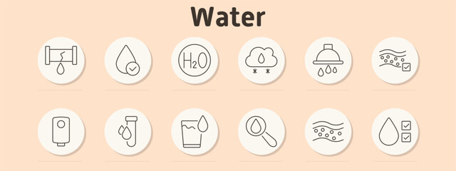 Water set icon. Broken pipe, water drop with check, H2O symbol, cloud with rain, shower, filtration, heater, test tube, magnifier with drop, filtered, quality.