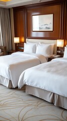 Hotel room features two comfortable beds, warm lighting, and a breathtaking view of mountains and nature through large windows