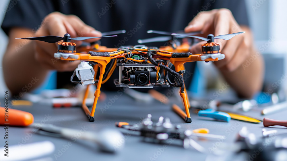 Poster hands carefully assembling a drone on a workbench surrounded by various tools in a focused and detai
