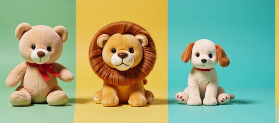 Isolated cutout set of three stuffed animals on plain background