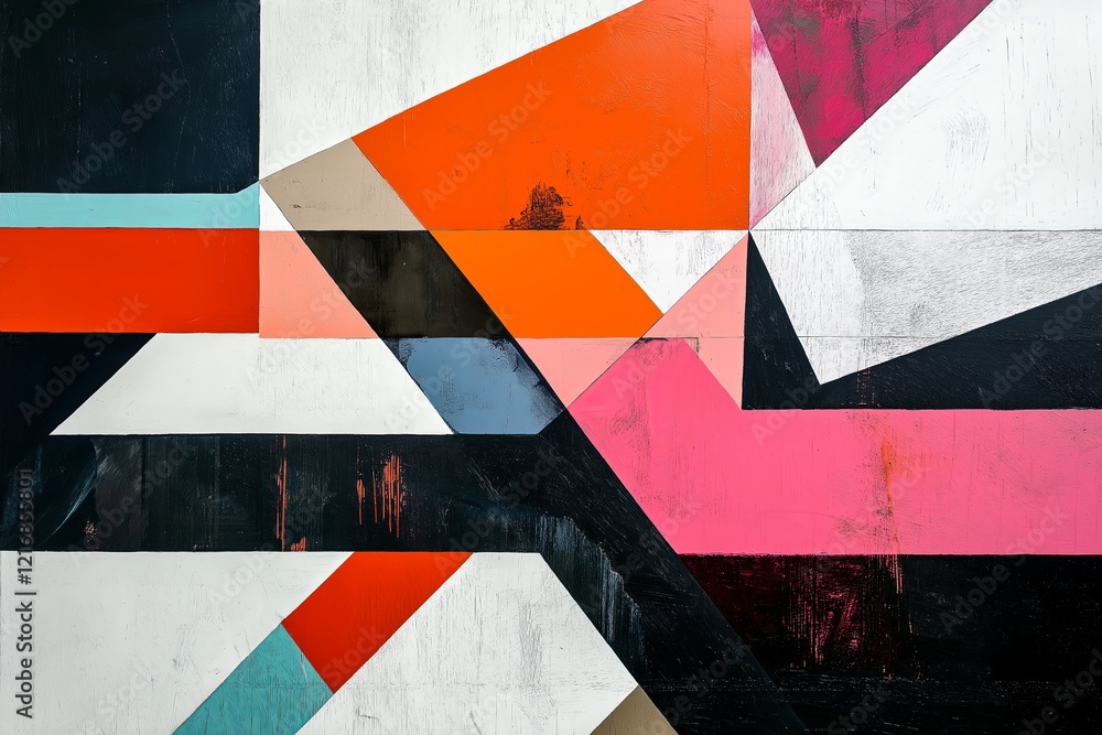 Poster A composition featuring sharp angles, overlapping shapes, and contrasting colors.