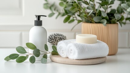 Bright and airy bathroom interior features a chic soap dispenser, fresh flowers, and neatly stacked towels for a peaceful atmosphere