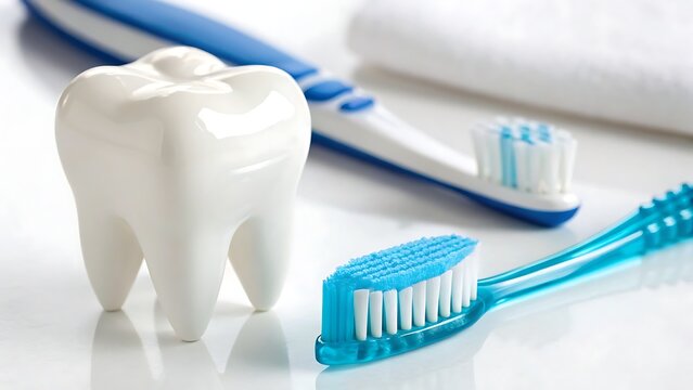 Clean tooth and toothbrush on a transparent backdrop emphasizing good oral health and brushing technique.