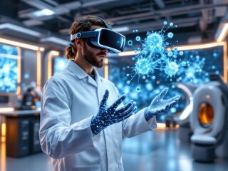 Scientist Using VR Headset to Analyze Molecular Structures in Futuristic Lab"
