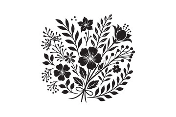 simple and subtle vector silhouette of decorative flower  in black and white, set against a white background. 