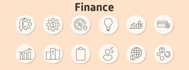 Finance set icon. Gear with arrow, gear dollar, percentage growth, light bulb, bar chart, credit card shield, graph, skyscraper, clipboard, hand with dollar, globe, coins