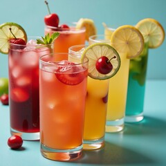 Fototapeta premium Colorful summer cocktail arrangements showcasing fruits as garnishes Space for Copy