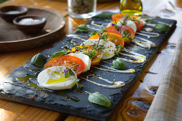 Photo of a plate with caprese salad beautifully served on irregulary shaped hand-thrown ceramic plate with an earthy glaze, eco-style, local farm products, wooden serving board and a natural linen nap
