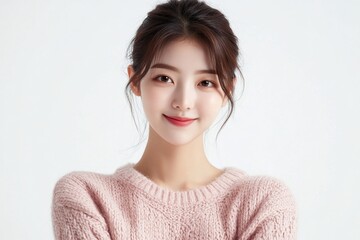 Close up portrait of confident korean girl, student looking at camera with pleased smile, arms crossed on chest, standing over white background, Generative AI