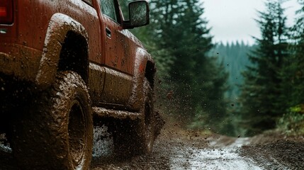 Muddy Truck Ascending a Hill in Forested Landscape