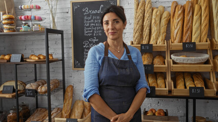Woman smiling proudly in a cozy bakery with an array of fresh bread and pastries displayed, wearing a blue shirt and denim apron, standing in front of a chalkboard menu on a brick wall background.