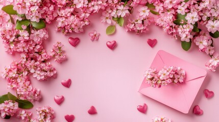 A Symphony of Softness: A Harmonious Blend of Pale Pink Roses, Carnations, and Heart-Shaped Accents, Arranged on a Gentle Pink Background, Evoking Feelings of Serenity and Love.