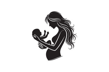 simple and subtle vector silhouette of a child with his close person in black and white, set against a white background. 