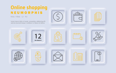 Online shopping set icon. E-commerce, digital payments, product catalog, wallet, order tracking, sales, promotions, delivery, customer service, transactions, marketplace