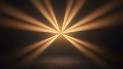 The image shows several beams of warm, golden light emanating from a central point and converging towards a dark, possibly smoky or foggy floor.