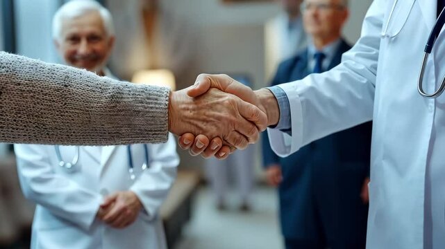 A healthcare professional warmly shakes hands with a patient, symbolizing trust and support. Other medical staff is present, emphasizing a collaborative environment in patient care.