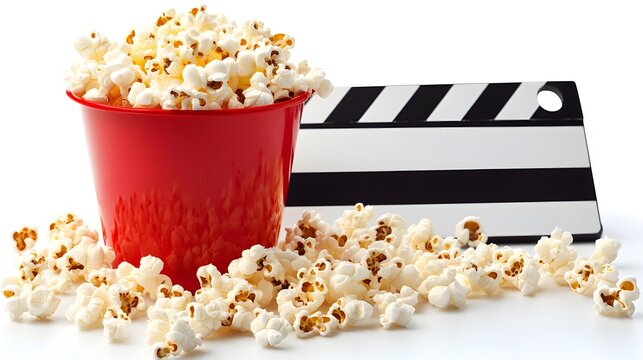 Movie clapperboard pairs with red popcorn bucket against pure white background, creating classic cinema theme with scattered kernels and crisp details.