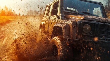 Muddy Vehicle on Dirt Trail in Harsh Sunlight