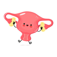 Cute cartoon uterus character exercising with weights in a vibrant illustration of health and wellness